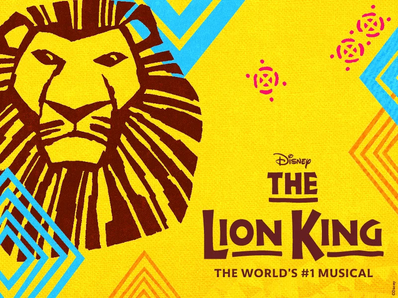 The Lion King promotional graphic: yellow background, large lion, orange and blue geometric shapes